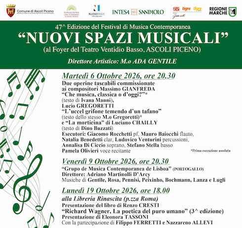 Festival “Nuovi Spazi Musicali”: dal 6 ottobre ad Ascoli la 47esima edizione